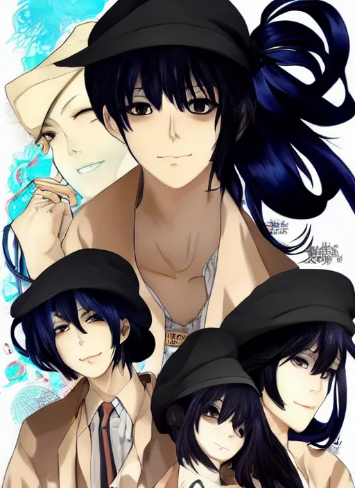 Image similar to key anime visual of a beautiful girl wearing a beige beret and blue shirt; long black hair; anime; drawn by Shigenori Soejima; 3 tone colors