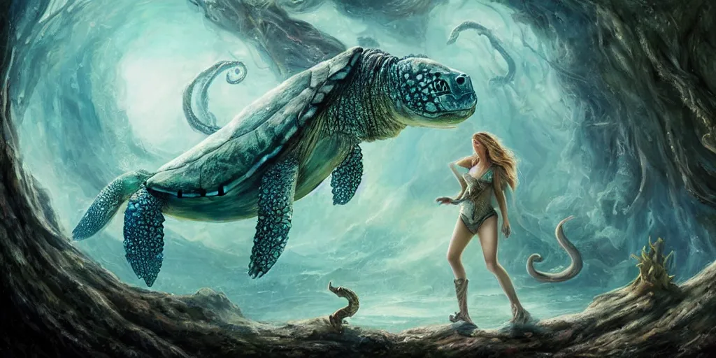 Prompt: !dream A fantasy fairytale story style portrait painting, Great Leviathan Turtle, Mythic Island at the center of the Universe, accompanying hybrid, Cory Chase, Blake Lively, Anya_Taylor-Joy, Grace Moretz, Halle Berry, Mystical Valkyrie, Anubis-Reptilian, Atlantean Warrior, intense smoldering, soul penetrating invasive eyes. fantasy atmospheric lighting, digital painting, hyperrealistic, François Boucher, Oil Painting, Cozy, hot springs hidden Cave, candlelight, natural light, lush plants and flowers, smooth cave rock, visually crisp & clear, Volumetric Golden dappled dynamic lighting, Regal, Refined, elegant, Spectacular Rocky Mountains, beautiful rocky mountain retreat center, atmospheric, kodak, fuji film, photoreal, 12k ursa, volumetric light, cinematic photograph, intricate, artstation, studio ghibli, eddie mendoza, james chadderton bright clouds, luminous stellar sky, outer worlds, cognitive Coherence cohesion character illustration, photorealistic, Vivarium, Theophanic atmosphere, michael whelan, William-Adolphe Bouguereau, Michael Cheval, Crisp clear hd resolution, Digital Art, RPG portrait, Steampunk, hyperdetailed, artstation, cgsociety, Highly Detailed, Cinematic Lighting, HD resolution, unreal 5, DAZ, hyperreality, octane render, Unreal Engine, 8k, HD