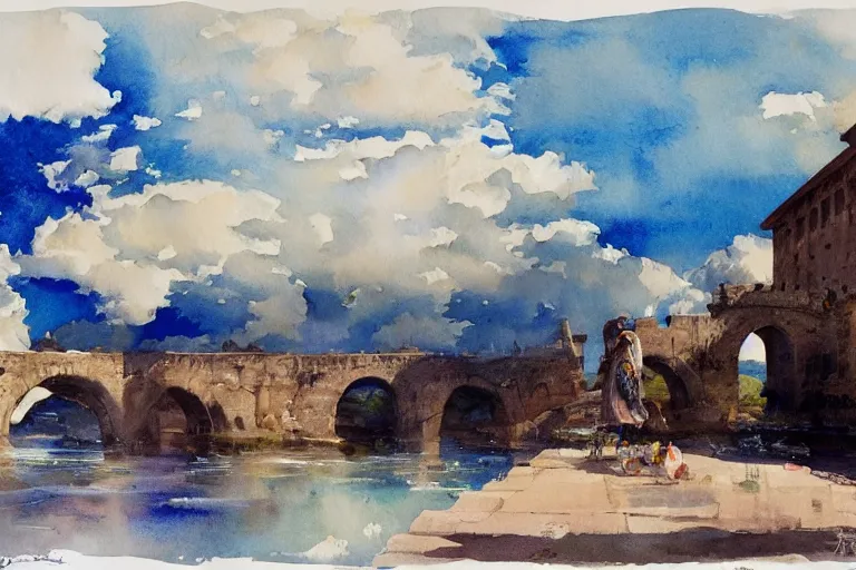 Prompt: small centered on watercolor paper, paint brush strokes, abstract watercolor painting of ancient roman bridge in bright daylight, tall clouds, cinematic light, national romanticism by hans dahl, by jesper ejsing, by anders zorn, by greg rutkowski, by greg manchess, by tyler edlin