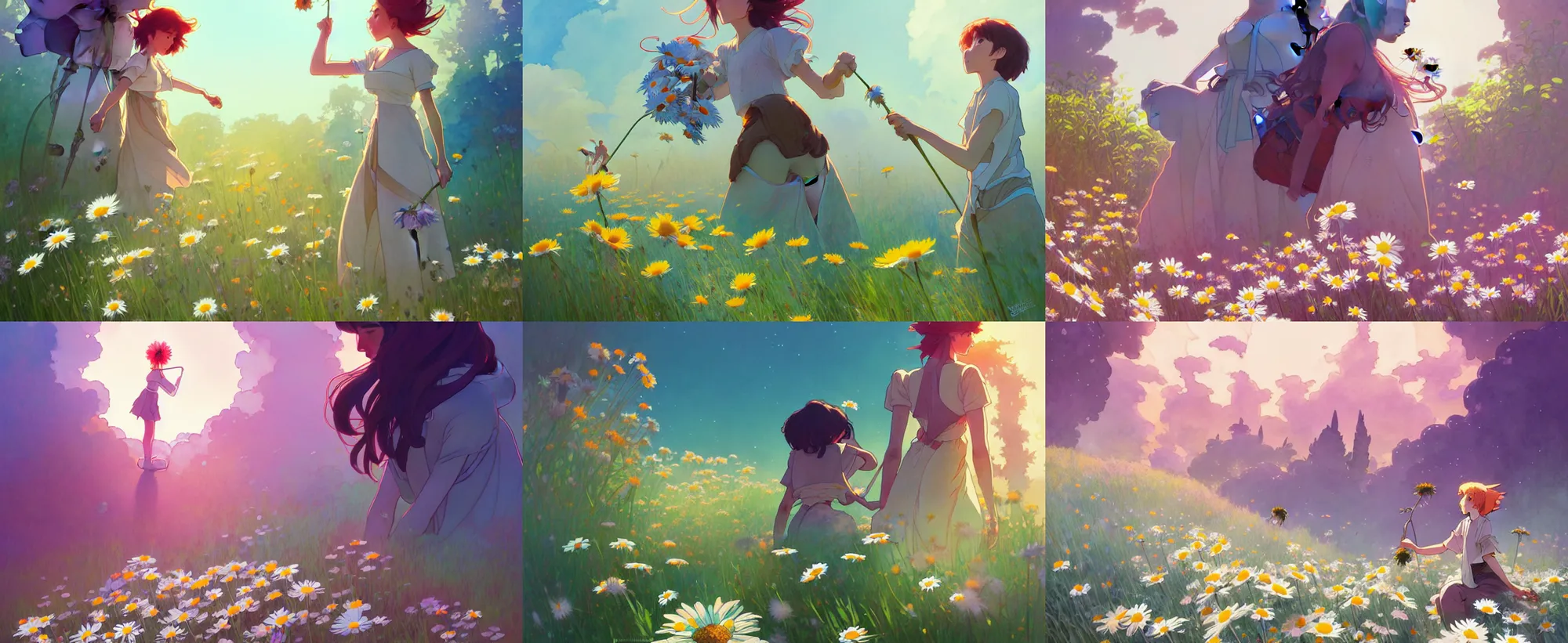 Prompt: a wholesome animation key shot of giant robots picking daisies, studio ghibli, pixar and disney animation, sharp, disney concept art watercolor illustration by mandy jurgens and alphonse mucha and alena aenami, pastel color palette, dramatic lighting