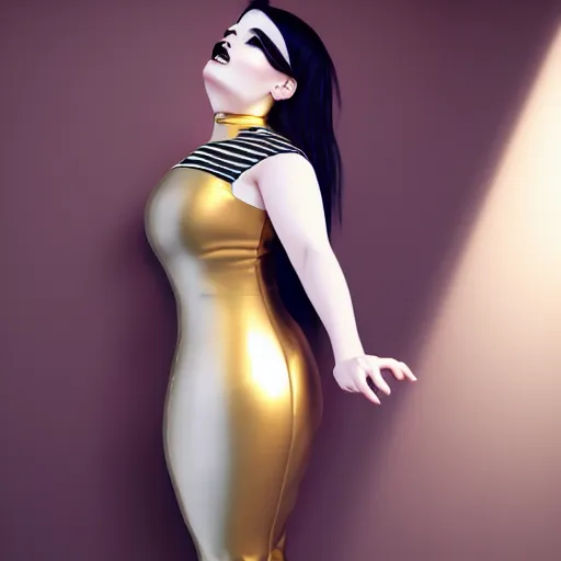 Image similar to a curvy pale hot young goth woman wearing an elegant modest tight shiny gold-silver-black striped latex high-neck dress, cgsociety, photorealistic, sublime-cool-hyperadvanced-dark-amorous ambience, 16k, smooth, sharp focus, trending on ArtStation, volumetric lighting, fully clothed, thin waist