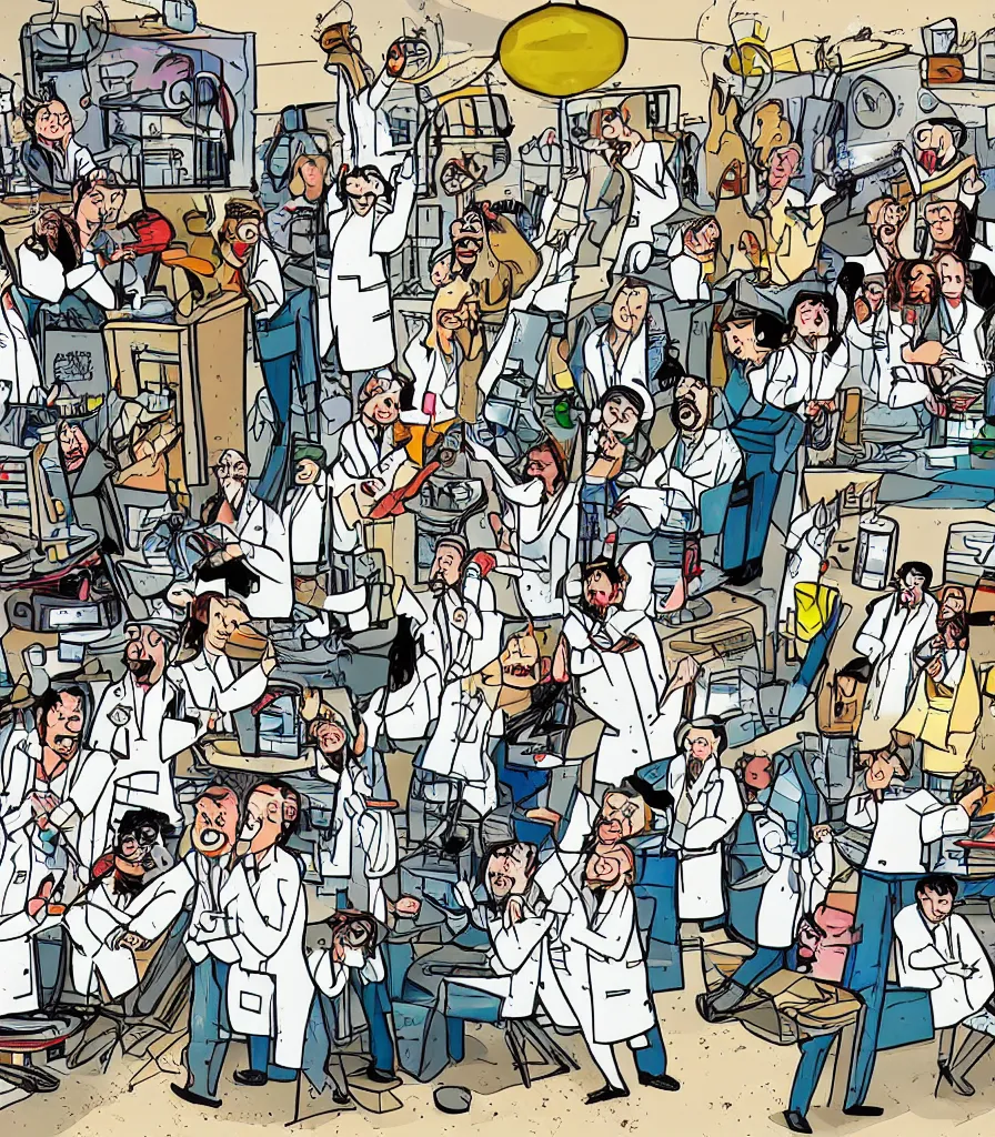 Prompt: a beautiful artwork of scientists throwing a party in a messy laboratory, comic, chaotic, funny drawing