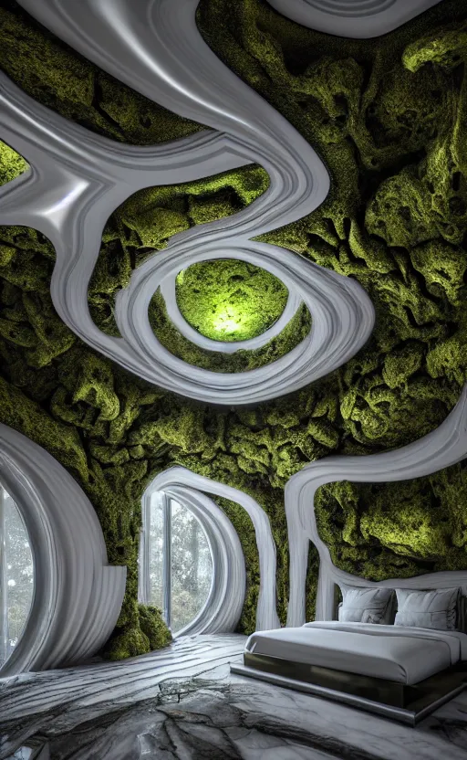 Image similar to highly detailed ultra sharp 3 d render villa interior cinematic composition of a smooth ceramic porcelain biomorphic magnolia stone nebula fluid fractal sci - fi surreal architecture landscape, granite, metallic, magnesium, marble, moss and lichen, vincent callebaut composition, mamou - mani, archviz, beautiful lighting, 8 k, unreal engine, hdr,