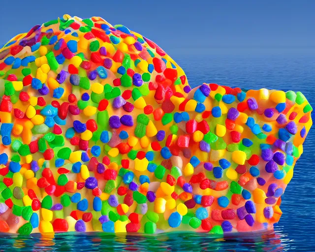 Image similar to a giant sculpture made out of thousands of gummy bears in a human head shape, on the surface of the ocean, in the style of chad knight, long shot, hyper detailed, hyper realistic, ray tracing, 8 k resolution, sharp focus, realistic water, award winning sculpture