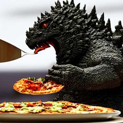 Image similar to an godzilla eating pizza with a fork