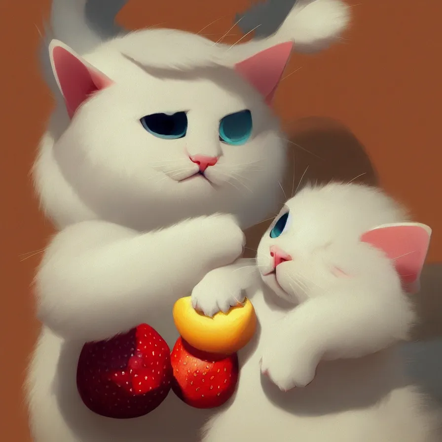Image similar to Goro Fujita ilustration a very pretty baby cat, with fluffy white fur on top of fresh fruit, painting by Goro Fujita, sharp focus, highly detailed, ArtStation