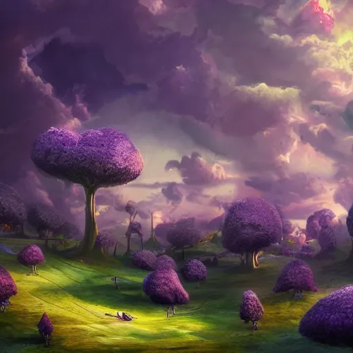 Image similar to landscape of an alice and wonderland themed landscape, purple clouds look the sky, dynamic lighting, fantasy concept art, trending on art station, stunning visuals, creative, cinematic, ultra detailed