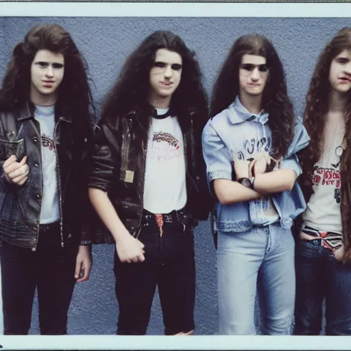 Image similar to Group of 19-year-old boys and girls with long permed wavy brown hair, leather jacket and denim jeans, holding electric guitars, 1987, thrash metal, heavy rock, super 8mm film