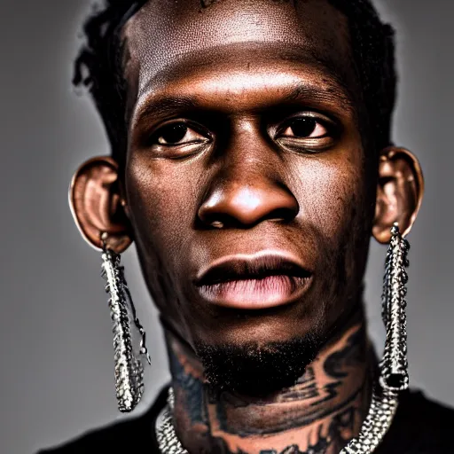 Image similar to a studio photograph of Young Thug, portrait, 40mm lens, shallow depth of field, close up, split lighting, cinematic