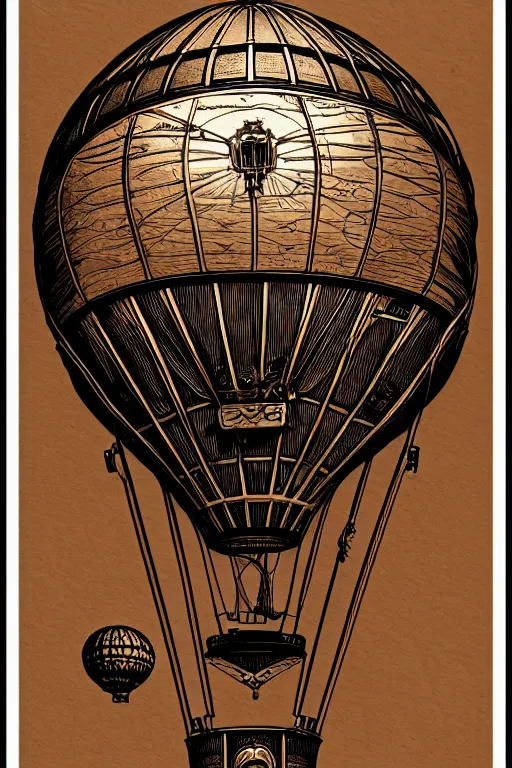 Prompt: ornate steampunk hot air balloon,, high details, lineart, by vincent di fate, etching, inking, screen print, masterpiece, trending on artstation, sharp, high contrast, hyper - detailed, hd, 4 k, 8 k