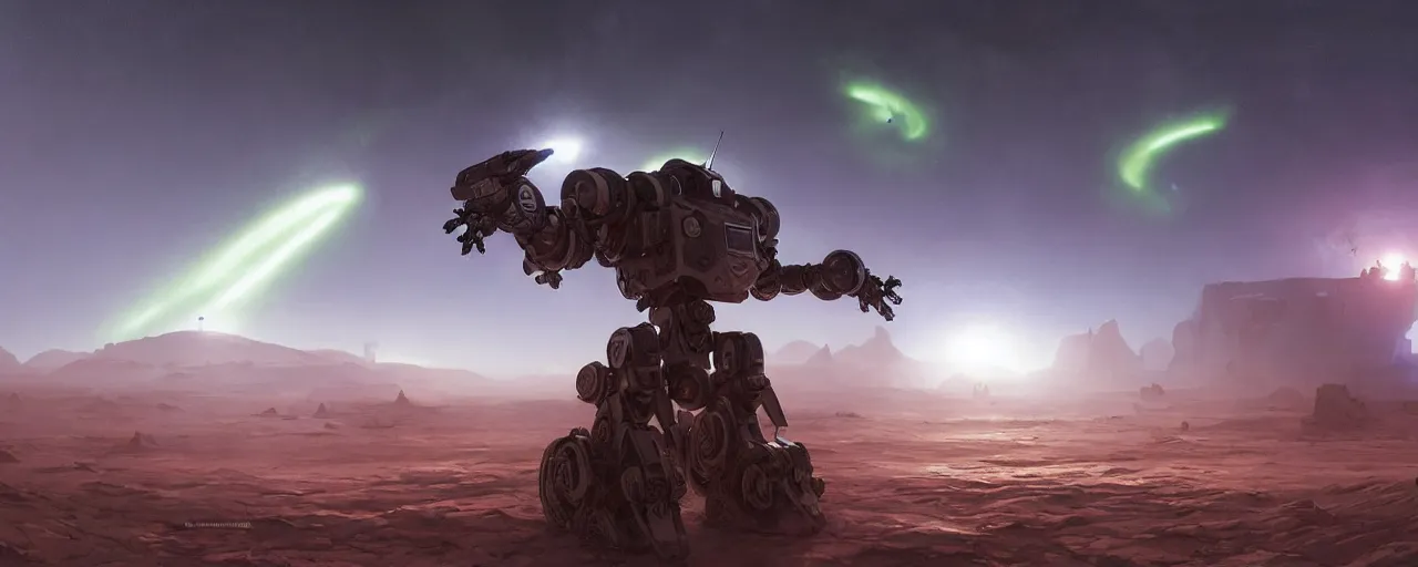 Prompt: robot mech fighting hard in the battlefield in a desert storm, volumetric lighting, mar planet, epic scene, futuristic, arcane style, intricate, highly detailed, digital painting, artstation, concept art, cinematic, smooth, sharp focus, illustration, aurora borealis, unreal engine 5, 8 k, art by artgerm and greg rutkowski and alphonse mucha