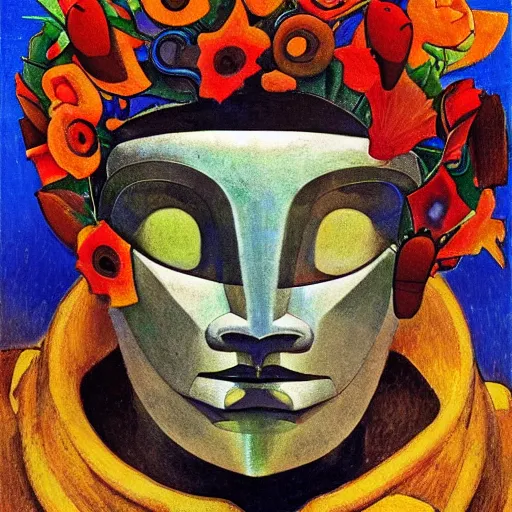 Image similar to head of a beautiful boy wearing a mask made of metal flowers, by diego rivera and john watkiss and annie swynnerton, art deco shaman, stylized flowers, art brut, symbolist, dramatic cinematic lighting, god rays, iridescent beetles, clean crisp graphics, smooth sharp focus, extremely detailed