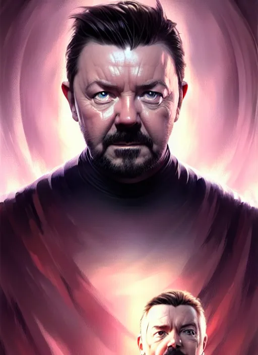 Image similar to portrait of ricky gervais, sci - fi, muscular! cyberpunk, intricate, elegant, highly detailed, digital painting, artstation, concept art, smooth, sharp focus, illustration, art by artgerm and greg rutkowski and alphonse mucha
