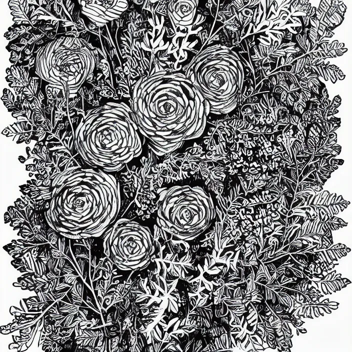 Prompt: line art drawing with a ranunculus surrounded by fern vines, black ink, ornate, detailed