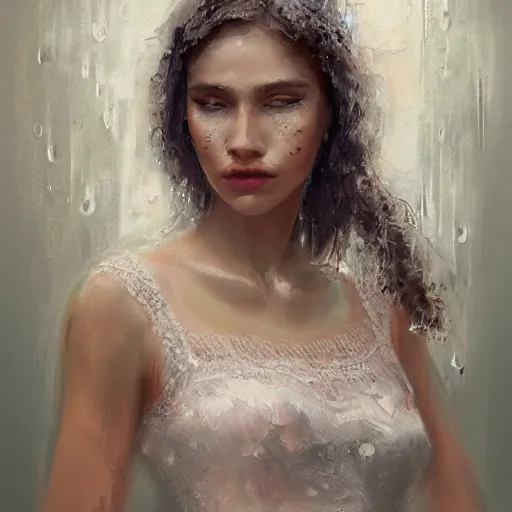 Prompt: anna carlos as a hot girl on a train, detailed lace dress, gorgeous face portrait, expressive oil painting, matte art, trending on artstation, rainy weather