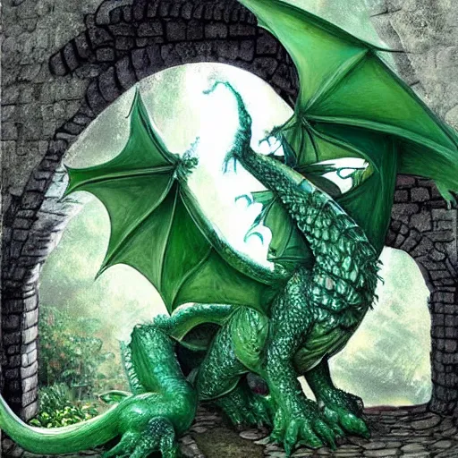 Image similar to fairy tale, painting, large green dragon, dnd, inside a castle, realistic, dungeons and dragons, detailed,