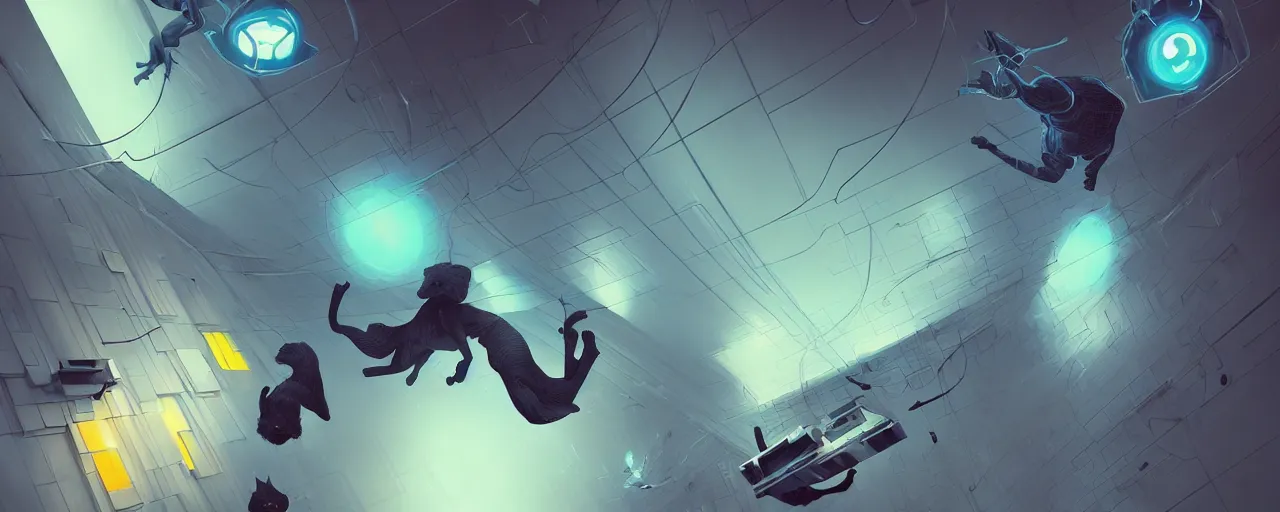 Image similar to duotone noir scifi concept dynamic illustration of 3 d mesh of cat inside box floating zero gravity glowing 3 d mesh quantum portals, glowing eyes, octane render, surreal atmosphere, volumetric lighting. accidental renaissance. by sachin teng and sergey kolesov and ruan jia and heng z. graffiti art, scifi, fantasy, hyper detailed. trending on artstation