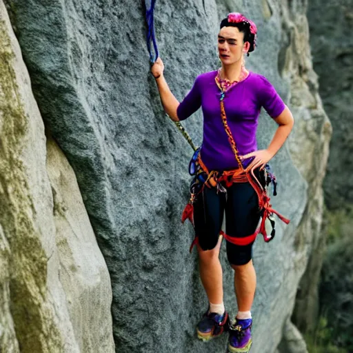 Prompt: Frida Kahlo rock climbing wearing a princess dress