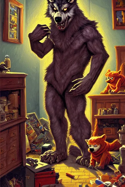 Prompt: classic oil painting, a werewolf that is wearing adorable pajamas, as a dnd character, inside a cluttered bedroom, cottagecore, highly detailed, digital illustration, concept art, smooth, sharp focus, art by tim hildebrandt, and greg hildebrandt