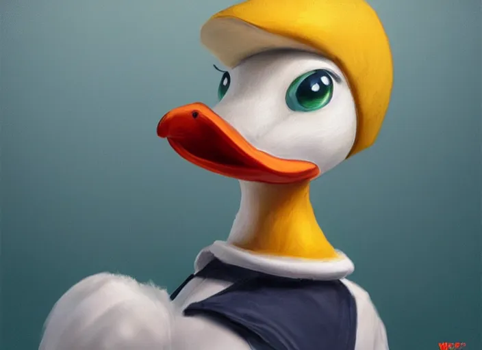 Image similar to detailed concept art of a cute iconic anthropomorphic duck character wearing a sailor suit by wlop on bcy. net, realistic. detailed feathers, art by cheng yi. artstationhd