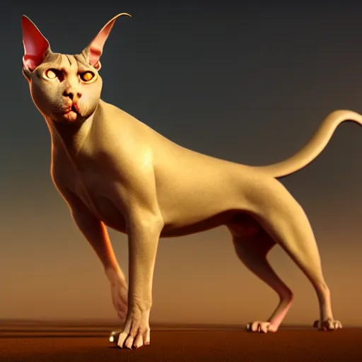 Image similar to Hybrid of a Pitbull and a sphinx cat, beautiful, golden hour, sharp focus, ultra detailed, cgsociety