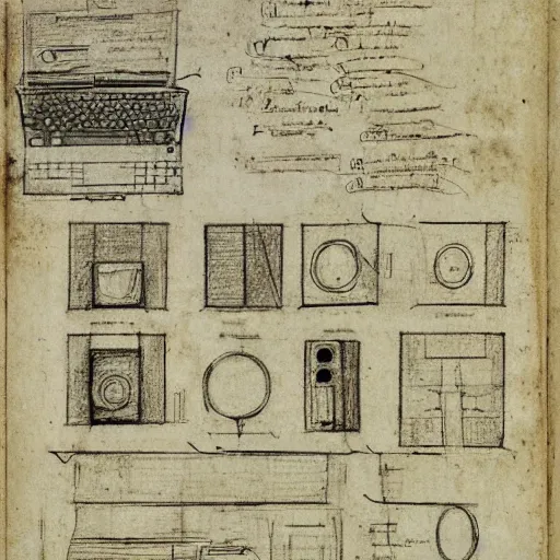 Image similar to drawing of macbook prototype by leonardo da vinci, lot of notes and figures, antique drawing, sketch, art, intricate details, highly detailed