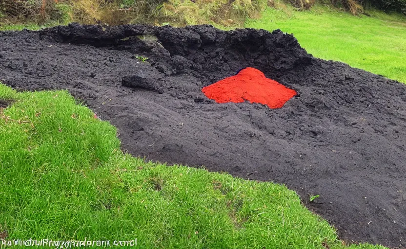 Image similar to miniature volcanic cone erupting with streams of lava in a suburban yard, ground level