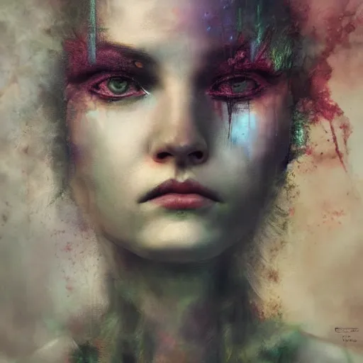 Image similar to demon goddess close-up portrait by cy Twombly and BASTIEN LECOUFFE DEHARME, iridescent fractal, high tech