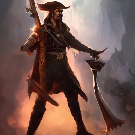 Image similar to Full body shot of pirate Captain wielding a sandstone rapier and sandstone dagger. Wearing a hat with an impressive feather and with a brutal scar across his neck. Dark magic, necromancy, dark lighting, flux. High fantasy, digital painting, HD, 4k, detailed by Ruan Jia