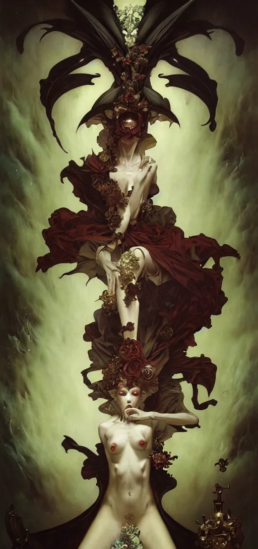 Image similar to baroque oil painting of full body vampire princess portrait, by nekro, peter mohrbacher, alphonse mucha, brian froud, yoshitaka amano, kim keever, victo ngai, james jean