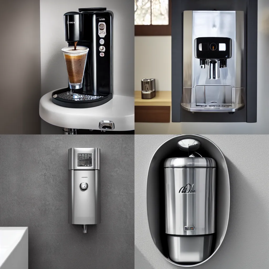 Prompt: A urinal with a coffee machine built into it, product photography in bathroom