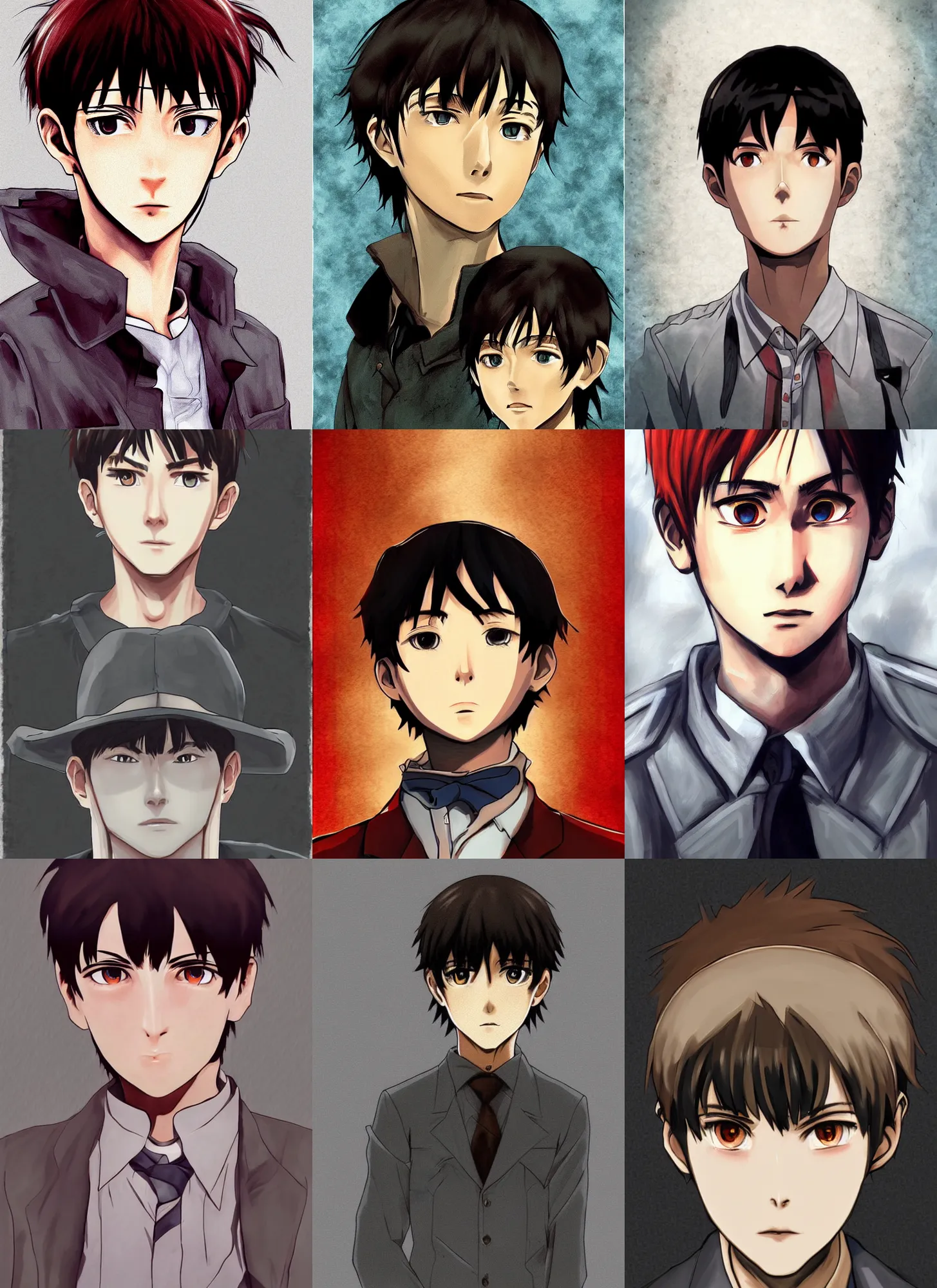 Prompt: shinji ikari, red dead redemption art style, semi realistic anime, portrait, beautiful face, symmetrical face