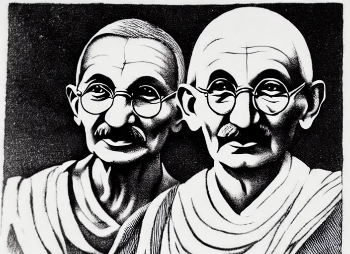 Image similar to a beautiful wood engraving on paper of gandhi