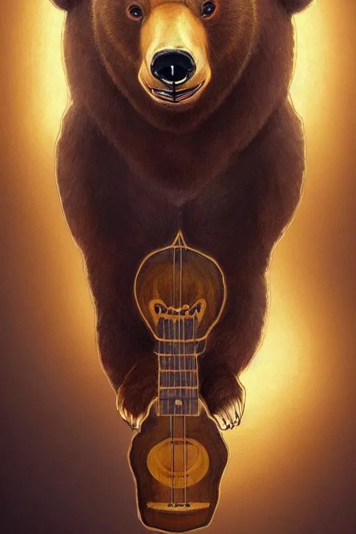 Image similar to realistic bear playing triangular body of ukulele, realistic portrait, symmetrical, highly detailed, digital painting, artstation, concept art, smooth, sharp focus, illustration, cinematic lighting, art by artgerm and greg rutkowski and alphonse mucha