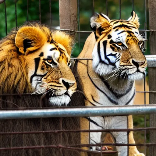 Image similar to lion and a tiger roaring in cage at the zoo wearing a hat