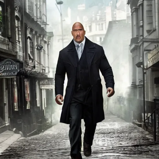 Image similar to dwayne johnson as detective sherlock holmes, an film still