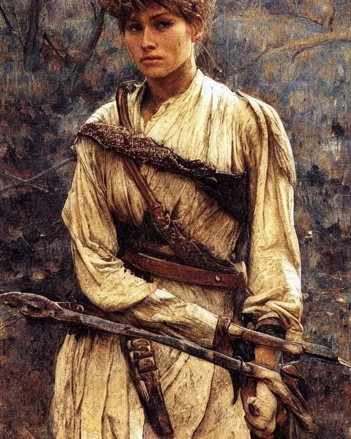 Image similar to a beautiful and strong female warrior by Jules Bastien-Lepage and Laura Sava