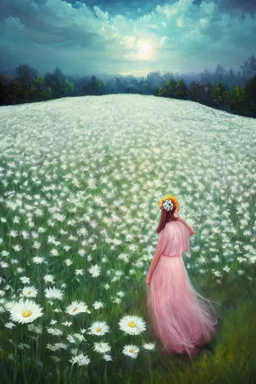 Image similar to giant white daisy flowers as head veil, girl walking in a flower field, surreal photography, sunrise, dramatic light, impressionist painting, colorful clouds, digital painting, artstation, simon stalenhag