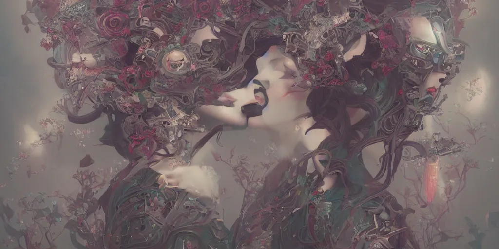 Image similar to breathtaking detailed hellbllade chines girl cyborg concept art painting art deco pattern of birds goddesses amalmation flowers, by hsiao ron cheng, tetsuya ichida, bizarre compositions, exquisite detail, extremely moody lighting, 8 k, art nouveau, old chines painting