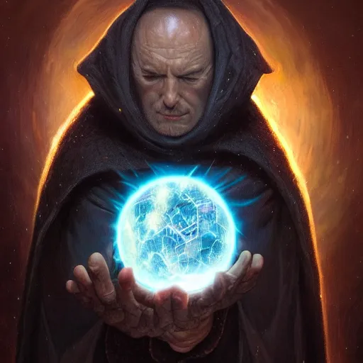 Image similar to the creator of worlds wearing a cloak and holding a holographic planet projection in his hand, detailed, sci - fi, digital painting, artstation, sharp focus, illustration, ominous, artgerm, tomasz alen kopera, peter mohrbacher, donato giancola, joseph christian leyendecker, wlop, frank frazetta