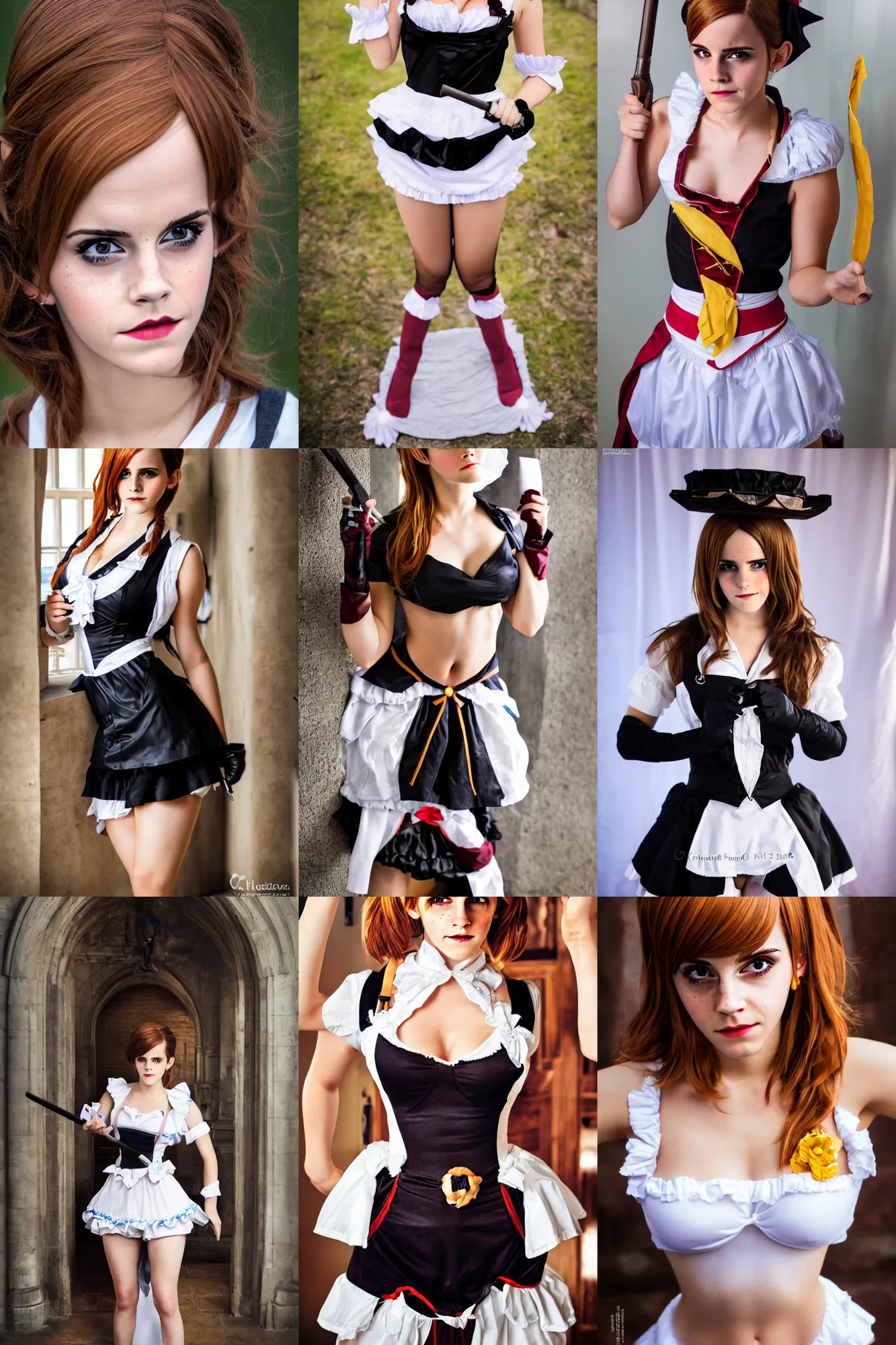 Prompt: emma watson cosplay hot maid! costume, all body! shot, perspective, colored, perfect symmetrical face, perfect eyes!!, by charlotte grimm, natural light, detailed face, canon eos c 3 0 0, ƒ 1. 8, 3 5 mm, 8 k, medium - format print