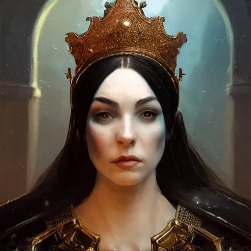 Prompt: portrait of a fantasy tall woman with black hair pale skin and a crown on her head, intricate baroque armour, glowing aura, trending on artstation, 4 k, greg rutkowski, concept art, matte painting,