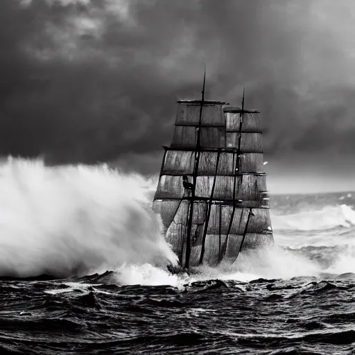 Prompt: pirate sloop, heavy winds, huge waves, golden hour, dramatic lighting, color photography 8 5 mm / f 1. 8