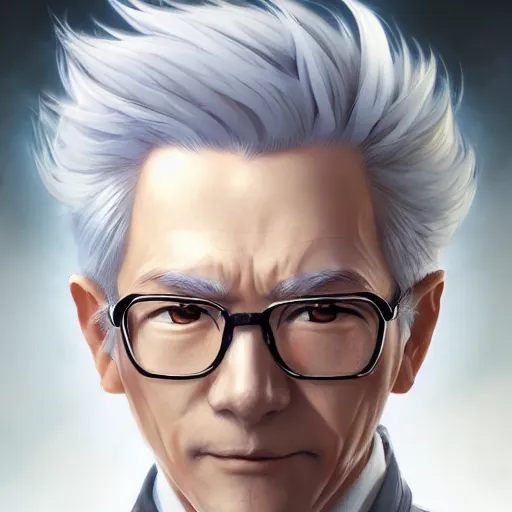 Image similar to anime portrait of a middle aged man, silver hair by Stanley Artgerm Lau, WLOP, Rossdraws, James Jean, Andrei Riabovitchev, Marc Simonetti, and Sakimichan, trending on artstation