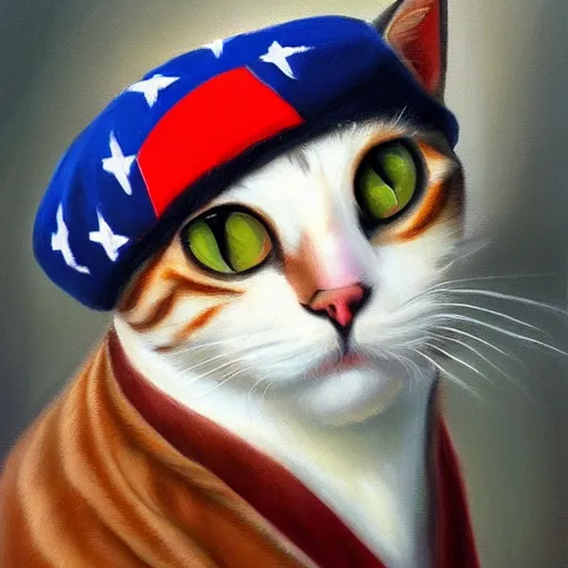 Prompt: A cat wearing a beret with the American flag on it, oil Painting, ultradetailed, artstation