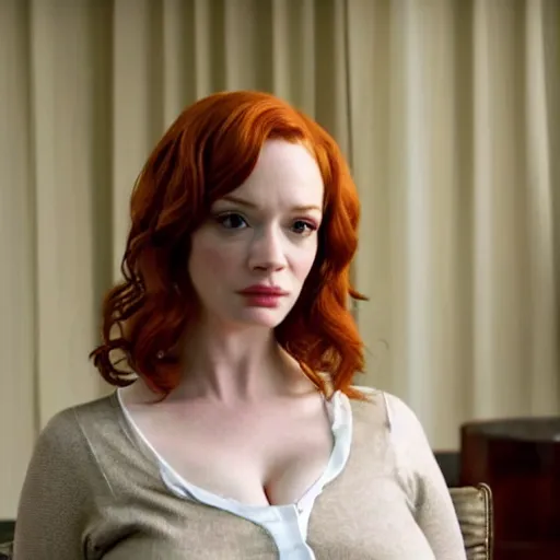 Image similar to amazing beautiful Christina Hendricks with puffy lips in the living room, film still from the movie directed by Denis Villeneuve , wide lens