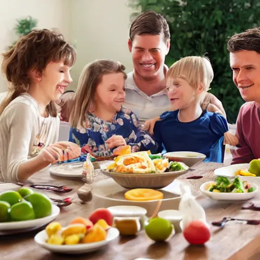 Image similar to an image of a large traditional family sitting around the table for dinner but one of the kids is floating above the table, perfect faces