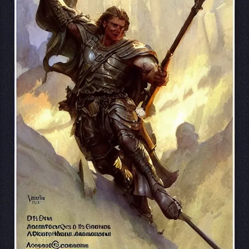 Image similar to simple clear Heroic Paladin Dsurion ascends the stairway to valhalla Hand Crafted By Rodin. Painting by greg rutkowski Donato Giancola Jeff Simpson norman rockwell stamp watercolor