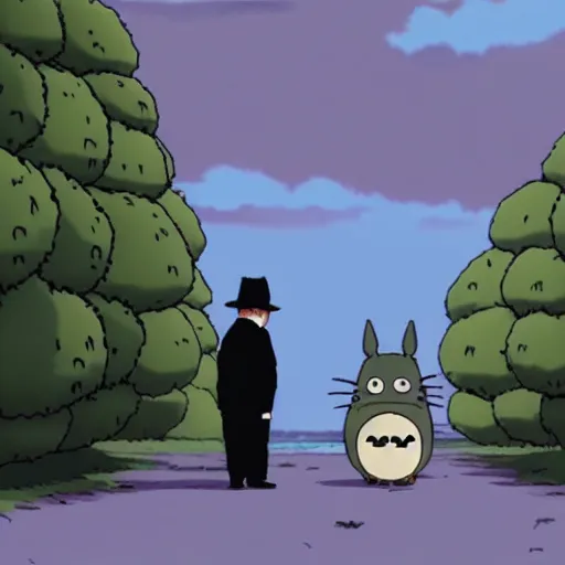 Prompt: A screenshot from the My Neighbor Totoro remake as a film noir in the style of Magritte