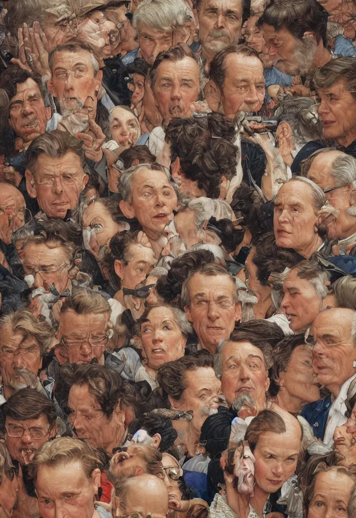 Image similar to small group of people, men and women, close - up of the faces, anatomically and proportionally correct : : oil painting by james jean, norman rockwell, milo manara and james gurney, intricate and detailed, photorealism, cgsociety